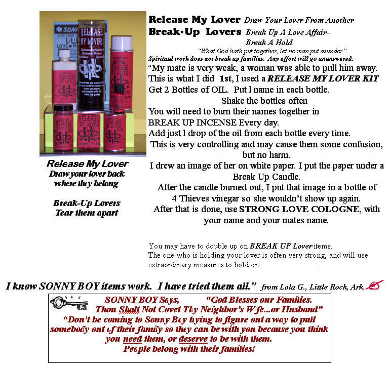 Release My Lover Kit and Break Up Lovers candles, spray, oils.