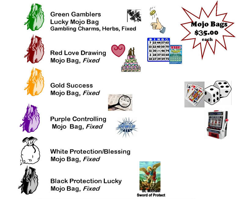 Green, Red, Gold, Purple, White, Black Lucky Mojo Bags